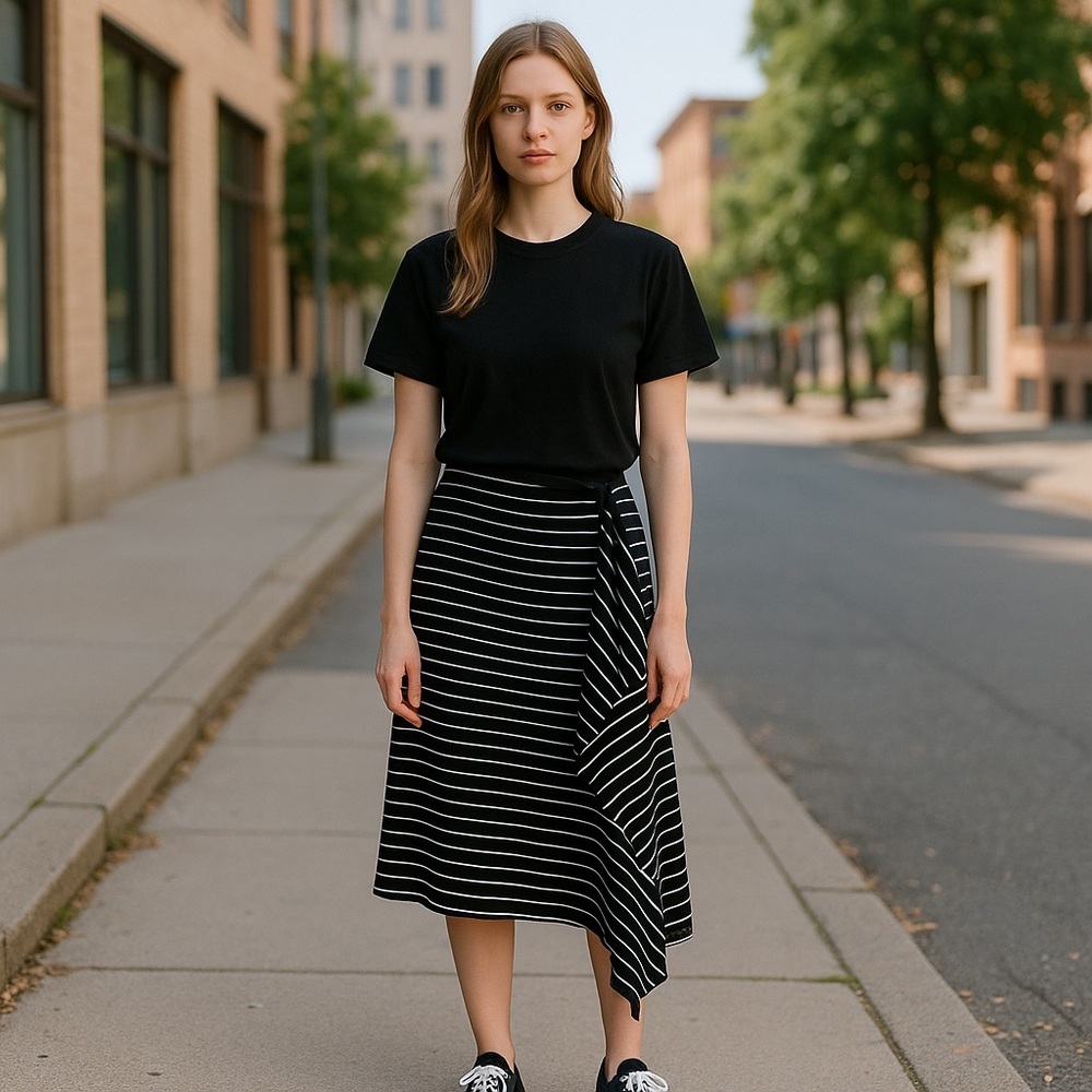 JK/LA California Wrap Around Skirt Blk/Wht Striped Medium‎